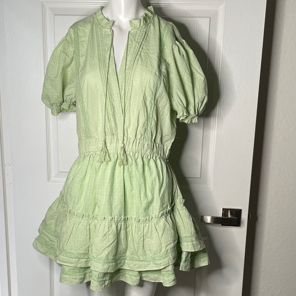 Mable Lace Detail Gingham Short Sleeve Ruffle Mini Dress Cotton Blend